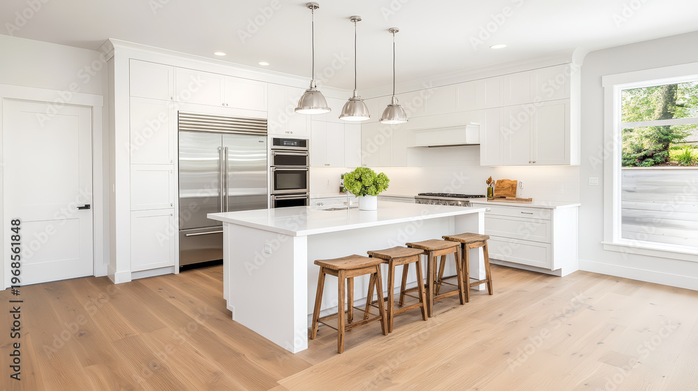 Fototapeta premium Modern white kitchen with island, wood stools, pendant lights, and large window, bright