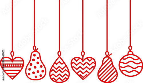Hanging decorations in various shapes displayed in a simple arrangement on strings for a festive occasion