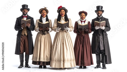 A group of five people, all in period attire, holding books open as if singing. They are dressed in formal, vintage outfits
