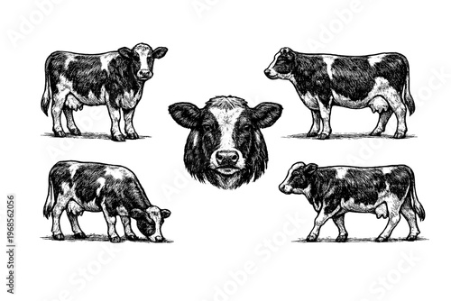 Different views of cows on a farm during the daytime showing their features and behavior in a natural setting