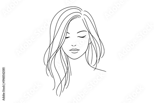 Line art of woman with long hair and closed eyes during a moment of reflection