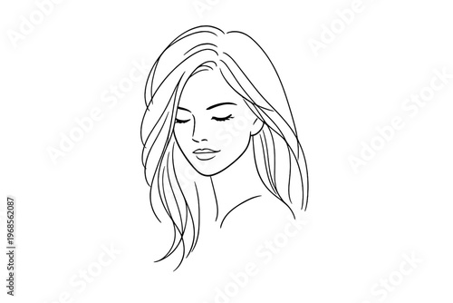 Drawing of a woman with long hair and closed eyes, showing a simple line art style without color or detailed features
