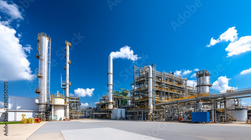 Industrial plant factory refinery exterior blue sky metal structure daytime clean