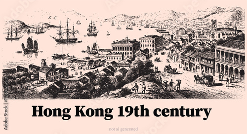 Vintage Engraving of 19th Century Hong Kong Victoria Harbour with Colonial Architecture and Sailing Ships