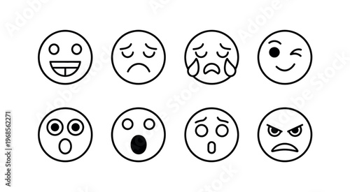 Circular emoji faces vector displaying various emotional expressions in linear style minimal outline icons for communication reaction design and interface usage