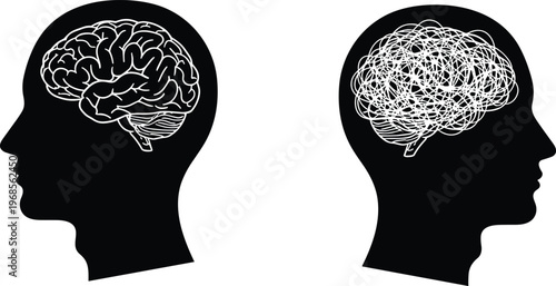 Comparison between healthy human brain and messy tangled thoughts in head for mental health stress and psychology concept flat vector