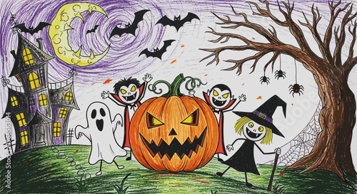Halloween celebration Spooky fun illustration with ghost, vampires, witch, grinning pumpkin, haunted house, moon, and bats