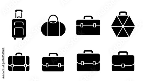 Black luggage and briefcase icon set, 8 travel bag and suitcase vector elements, professional business portfolio and handbag collection for travel