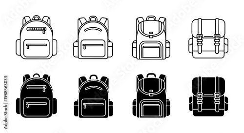 Minimalist backpack icon set, school bag line and glyph vector collection, 8 travel rucksack symbols for education and hiking apps