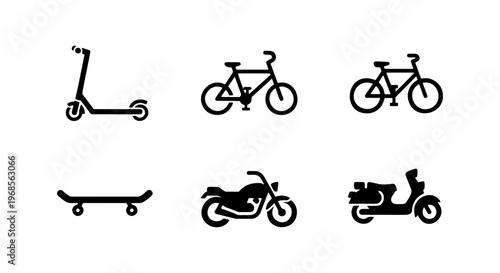 Minimalist urban transport icons set, black silhouette bicycle and electric scooter vectors, motorcycle and skateboard symbols for city mobility