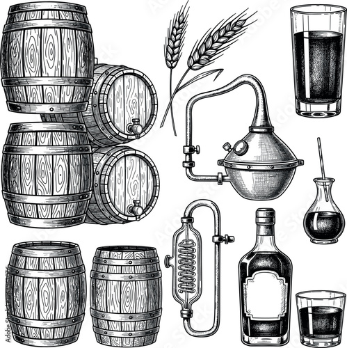 Hand-Drawn Whiskey Distillation Vector Set with Barrels, Distiller, Bottles, Glasses, and Wheat for Alcohol, Beverage, and Craft Spirits Designs
