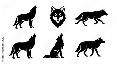 Wolf silhouette vector set, howling and walking timber wolf icons, black wild animal graphics for logos and outdoor branding, 6 elements