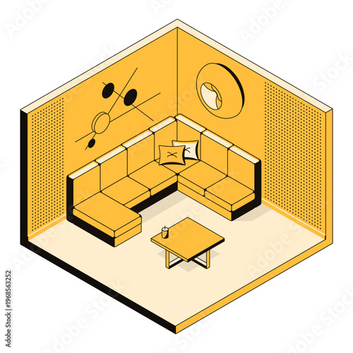 Living room interior design, 3d concept furniture arrangement. Indoor environment of home, flat, house space, apartment. Template for hotel, real estate, building. Vector linear isometric illustration
