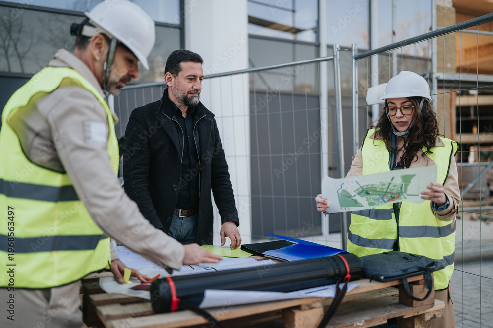 Fototapeta premium Construction engineers in hard hats and high-visibility vests review blueprints and maps at a building site. A small team discusses plans and site layout beside fencing and construction materials.