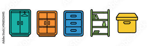 A collection of colorful flat design icons representing various storage furniture items like wardrobes, chests of drawers, and shelves.