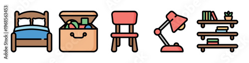 A collection of simple, colorful icons representing essential furniture items for a child's bedroom, including a bed, toy chest, chair, lamp, and bookshelf.