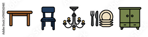 A collection of flat design icons representing a dining table, chair, chandelier, cutlery, plates, and a cabinet, suitable for interior design or home.