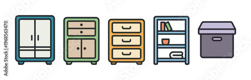 A collection of flat design icons representing different types of furniture, including a wardrobe, drawers, shelves, and a storage box, presented on a white background.