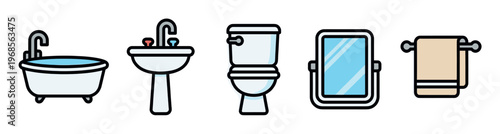 A clean, modern vector illustration displays a collection of essential bathroom fixtures, including a bathtub, sink, toilet, mirror, and towel.