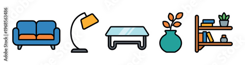 A collection of colorful, flat design icons representing common household furniture and decor items, perfect for web or print projects.