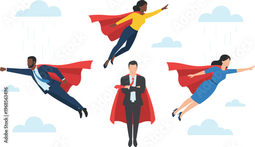 Collection of diverse business people flying with red superhero capes for professional leadership team success and motivation concept flat vector