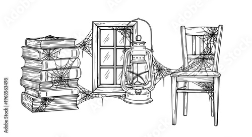 Cobweb Icons Vector with Storytelling Integration on Books, Lanterns, and Objects