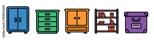 A vibrant flat illustration displays a collection of colorful storage furniture icons including a blue cabinet, green dresser, orange wardrobe, bookshelf, and purple box on a white background.