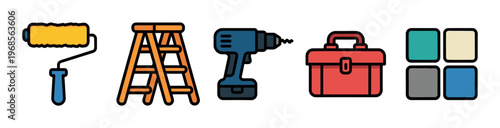 A collection of colorful cartoon-style icons representing home renovation tools including a paint roller, ladder, drill, toolbox, and color swatches.