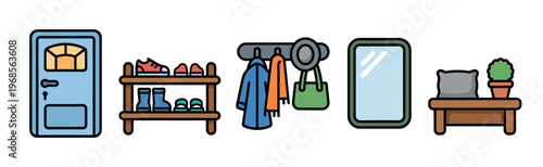 A set of colorful flat design icons representing a home entryway, including a door, shoe rack, coat rack, mirror, and bench with a plant.