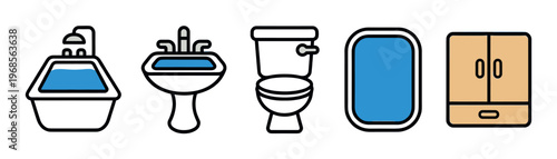 A colorful, minimalist set of icons representing common bathroom fixtures including a bathtub, sink, toilet, shower, and cabinet on a white background.