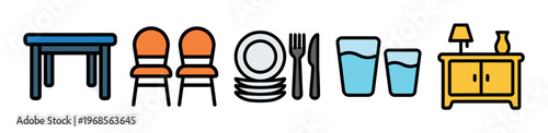A collection of modern, flat design icons representing dining room furniture and tableware, including a table, chairs, plates, cutlery, glasses, and a cabinet with a lamp and vase.