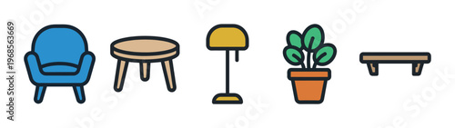 Clean, flat vector icons depict a blue armchair, round table, floor lamp, potted plant, and bench on a white background, ideal for interior design or website use.