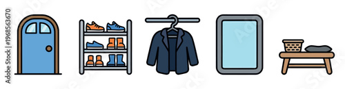A clean vector illustration set showcasing a blue door, shoe rack with footwear, a jacket on a hanger, a mirror, and a bench with a basket and cushion for entryways.