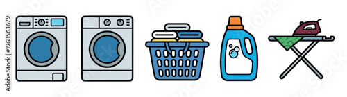 A collection of flat design icons representing laundry appliances and supplies, including washing machines, a laundry basket, detergent, and an ironing board with an iron.