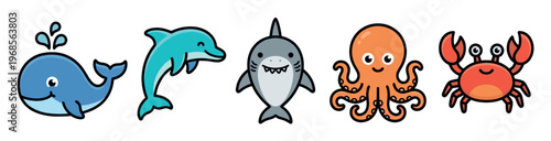 A vibrant collection of five stylized, adorable cartoon sea creatures including a whale, dolphin, shark, octopus, and crab, all set against a clean white background.