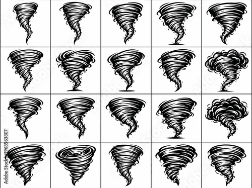 Collection of various hand-drawn tornado and whirlwind illustrations, showcasing different styles and intensities of swirling wind patterns.