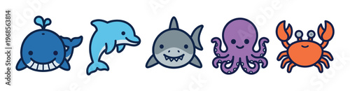 A collection of five adorable, simple cartoon sea creatures including a whale, dolphin, shark, octopus, and crab with clean lines and bright colors on a white background.
