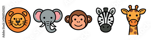 A colorful and playful collection of stylized cartoon animal faces, including a lion, elephant, monkey, zebra, and giraffe, isolated on a white background for easy use.