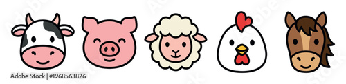A playful and colorful illustration featuring the stylized heads of a cow, pig, sheep, chicken, and horse against a clean white background.