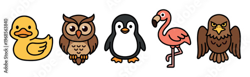 A collection of five adorable cartoon animal illustrations including a duck, owl, penguin, flamingo, and eagle, presented on a clean white background.