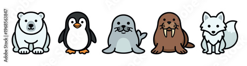 A charming illustration features a line-up of adorable cartoon arctic animals, including a polar bear, penguin, seal, walrus, and arctic fox, all set against a clean white background.