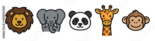 A collection of five friendly, hand-drawn cartoon animal faces including a lion, elephant, panda, giraffe, and monkey on a white background.
