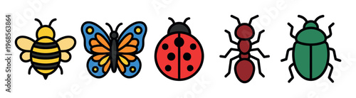 A charming set of five cartoon insects, including a bee, butterfly, ladybug, ant, and beetle, arranged horizontally against a clean white background.