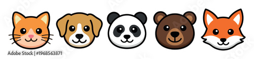 A vibrant collection of five adorable cartoon animal faces, including a cat, dog, panda, bear, and fox, arranged horizontally against a clean white background.