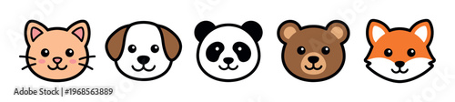 A delightful collection of five cartoon animal faces, including a cat, dog, panda, bear, and fox, presented in a clean, vector illustration style on a white background.