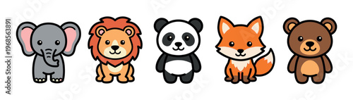 A cheerful collection of five adorable cartoon animals including an elephant, lion, panda, fox, and bear, presented in a simple, flat illustration style against a white background.
