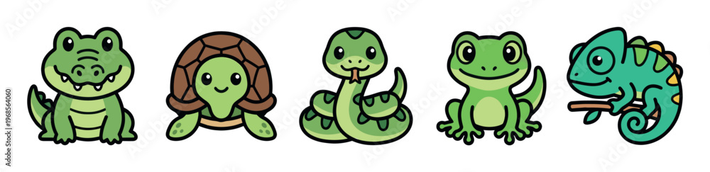 Fototapeta premium A vibrant collection of five adorable cartoon reptiles including a crocodile, turtle, snake, frog, and chameleon, all rendered in a friendly, approachable style on a white background.