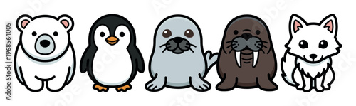 A charming collection of simplified cartoon arctic animals including a polar bear, penguin, seal, walrus, and arctic fox, isolated on a white background.