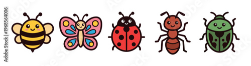 A cheerful group of five cartoon insects, including a bee, butterfly, ladybug, ant, and beetle, are arranged in a row with happy expressions on a white background.