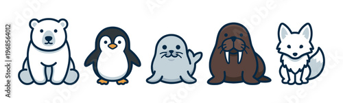 A delightful and simple cartoon illustration featuring a group of friendly arctic animals, including a polar bear, penguin, seal, walrus, and arctic fox, set against a clean white background.